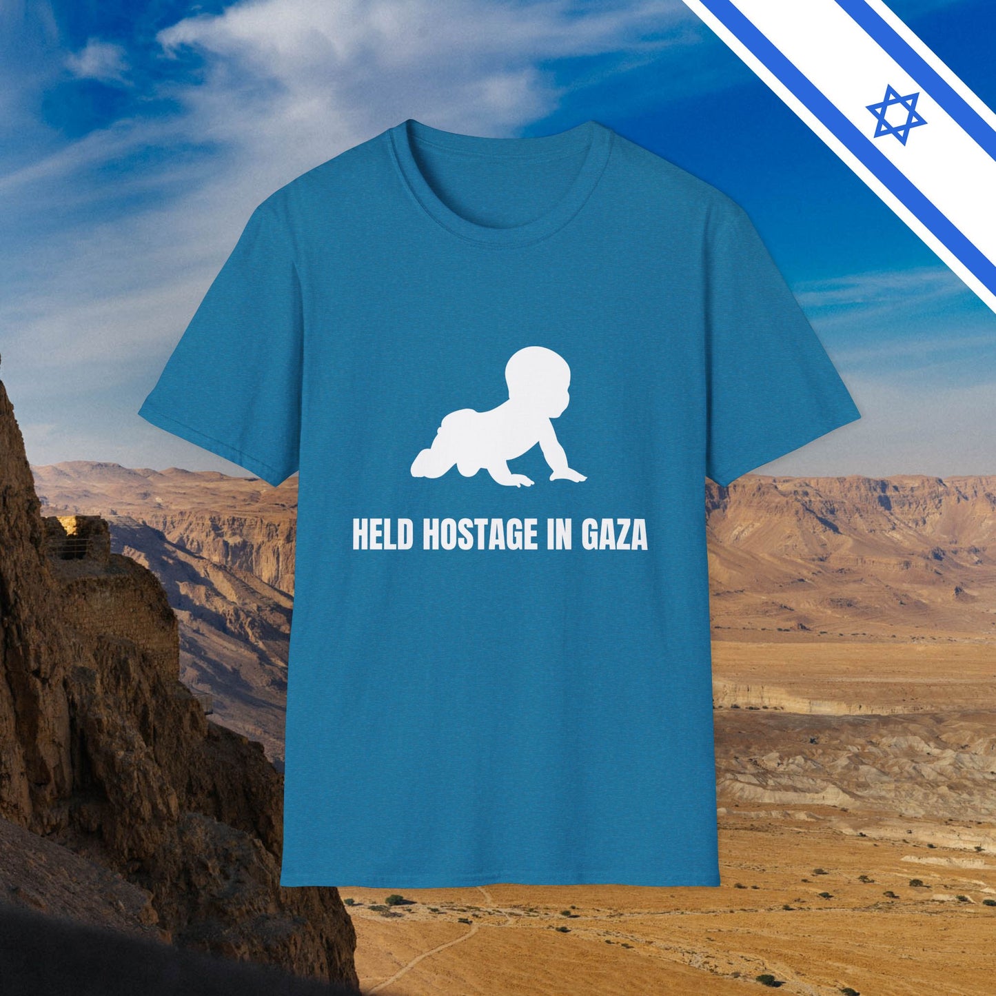 A BABY is held HOSTAGE in GAZA - T-Shirt - Israel Israeli Jewish Judaism Zionist Bring Them Home - by Far Out Prints & Co.