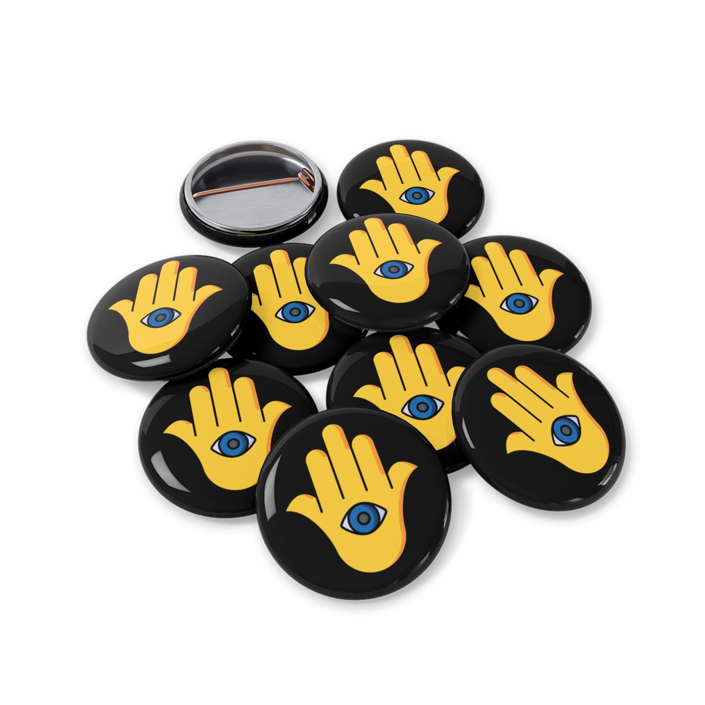 Yellow Hamsa Evil Eye - Pin Buttons - by Far Out Prints & Co.