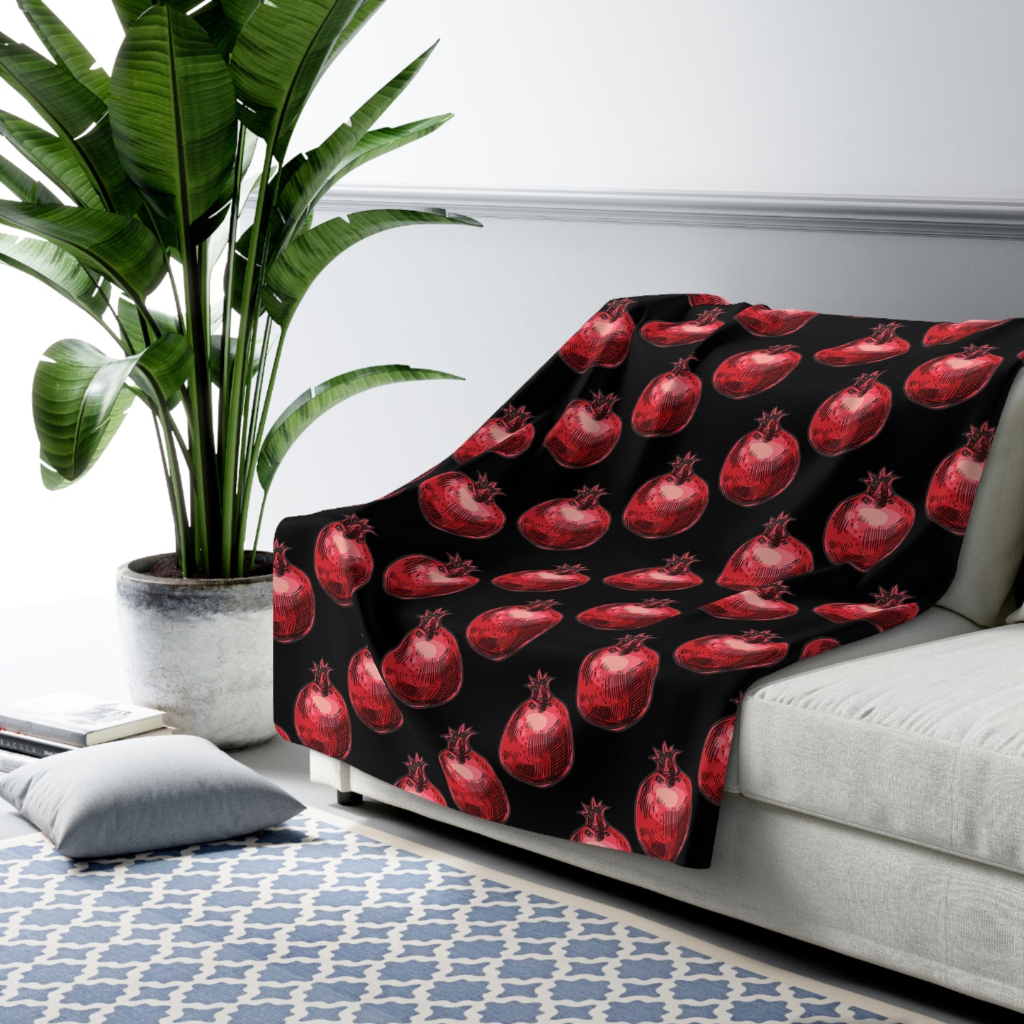 Bright Red Pomegranate Sketch - Jewish Judaism Israel Israeli Heritage - Sherpa Fleece Blanket - by Far Out Prints & Co.