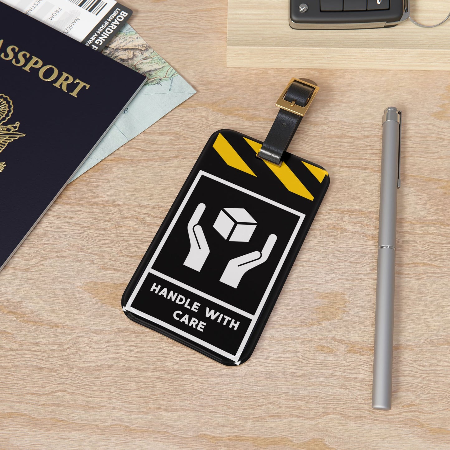 Warning Handle With Care | Premium Acrylic and Leather Luggage Tag | by Far Out Prints & Co