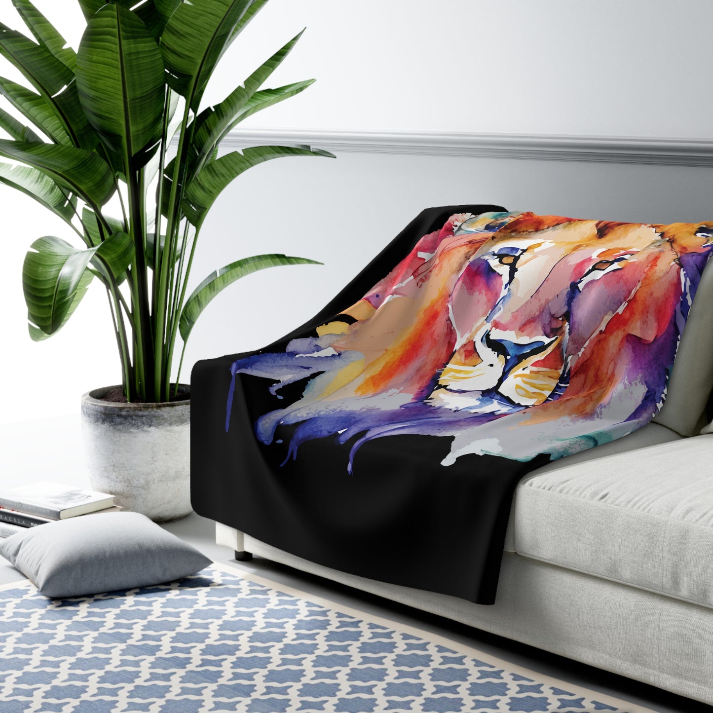 Lion Watercolor Rainbow - Sherpa Fleece Blanket - by Far Out Prints & Co.