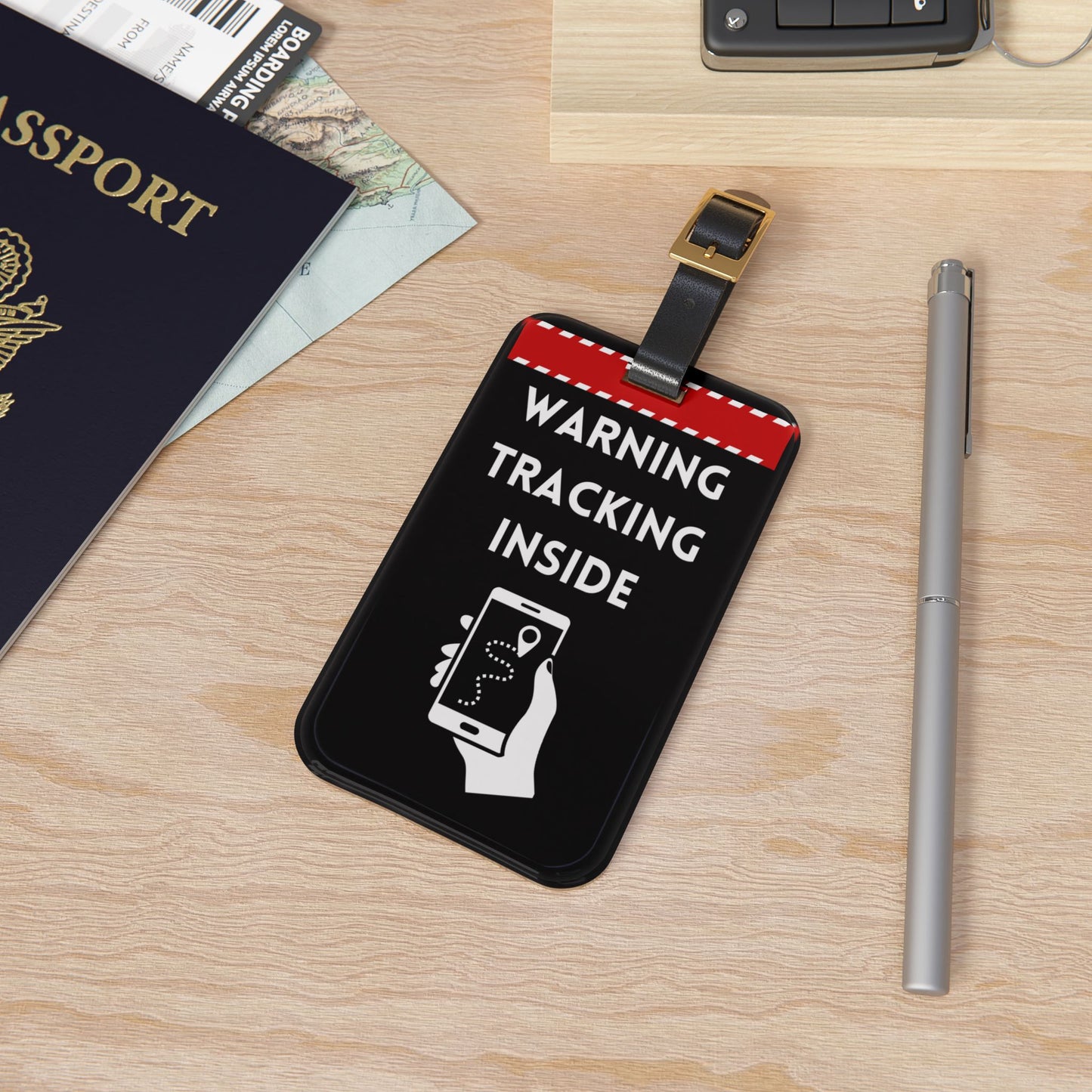Warning Tracking Inside Safety Sign | Premium Acrylic and Leather Luggage Tag | Travel Lovers | by Far Out Prints & Co