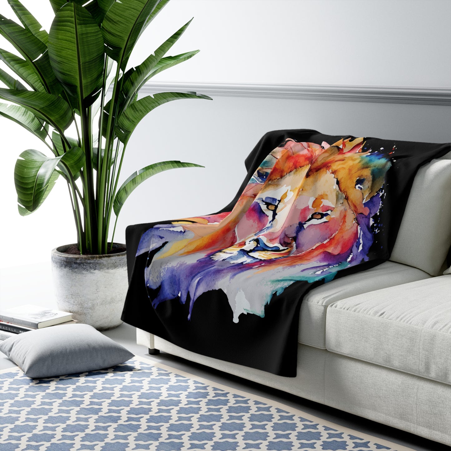 Lion Watercolor Rainbow - Sherpa Fleece Blanket - by Far Out Prints & Co.