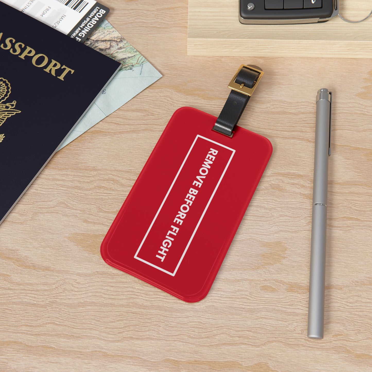 Remove Before Flight Red | Premium Acrylic and Leather Travel Luggage Tag | by Far Out Prints & Co