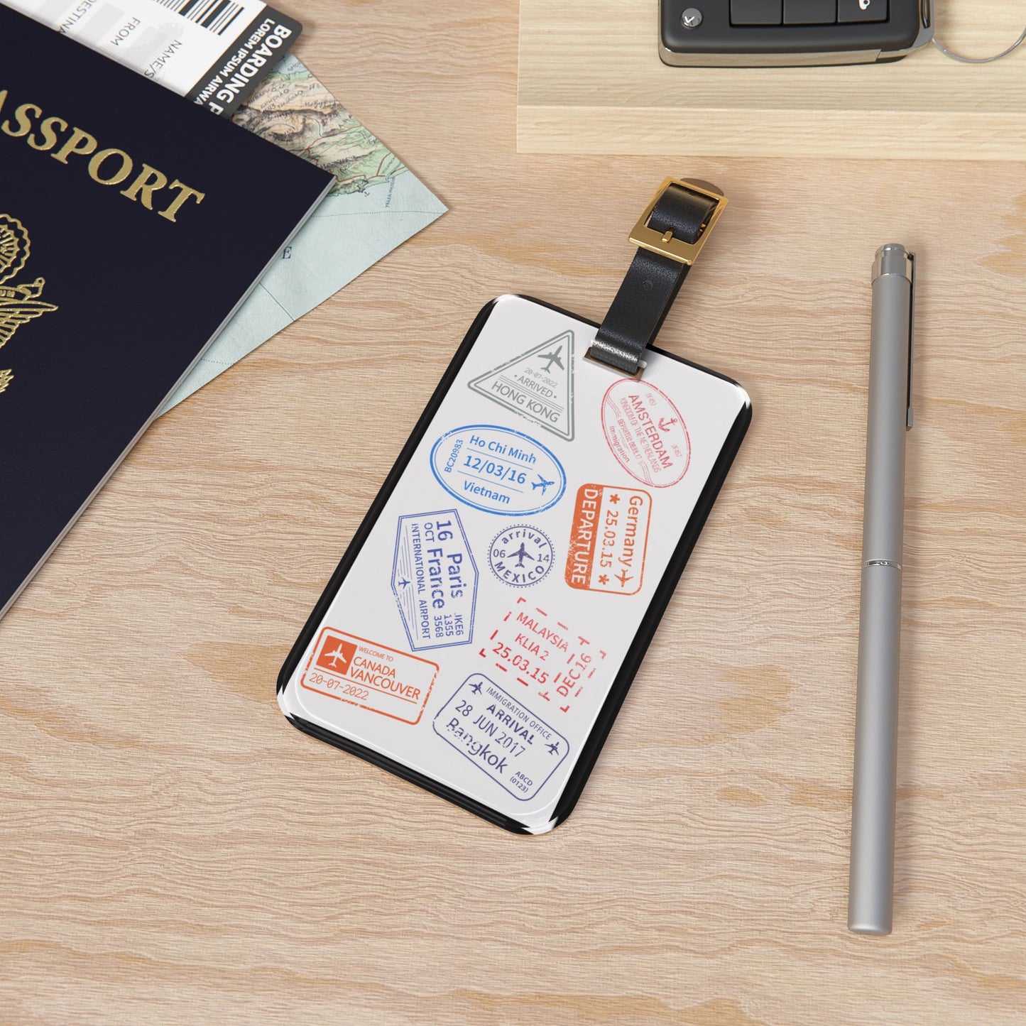 Stamped Passport Pages | Premium Acrylic and Leather Luggage Tag | by Far Out Prints & Co