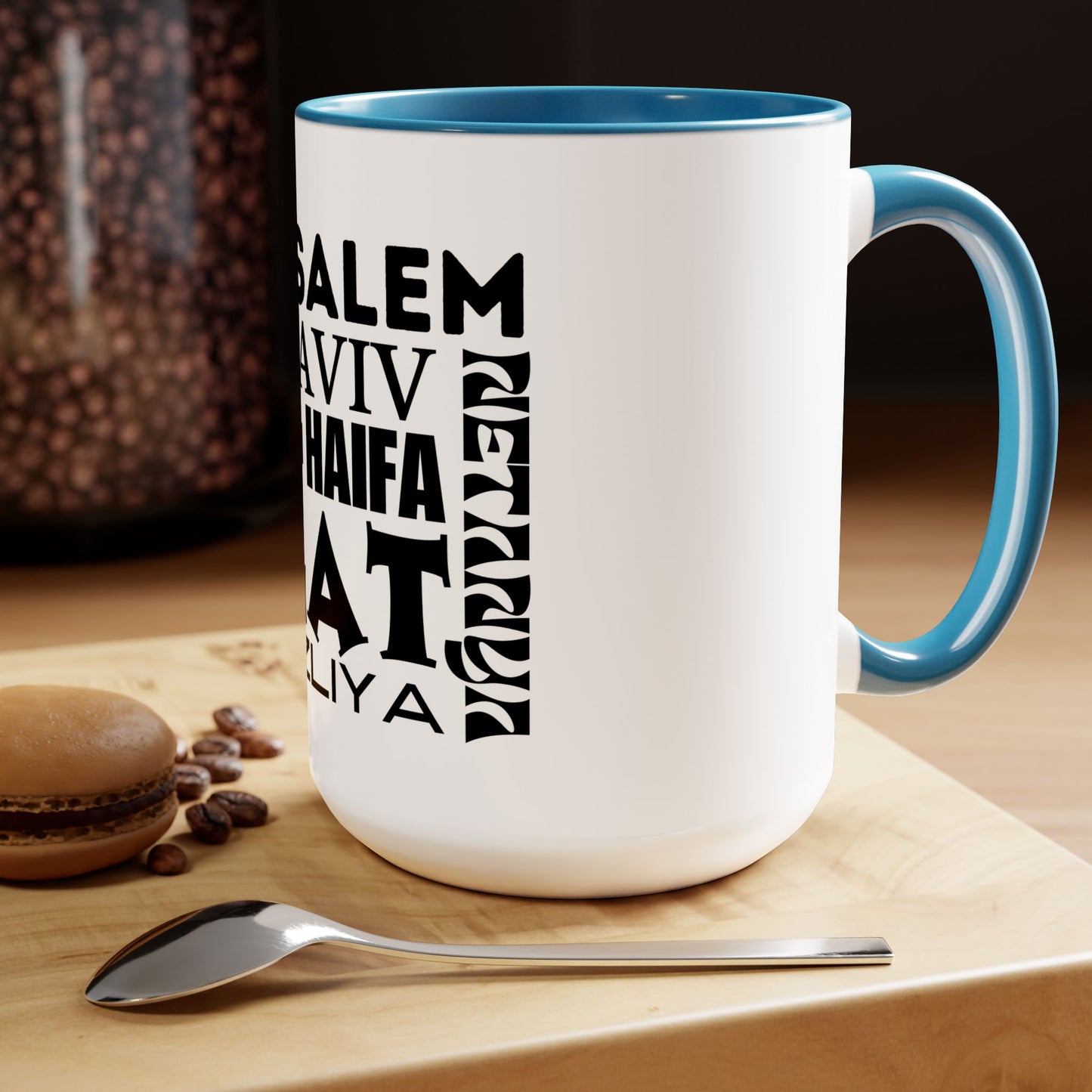 Cities of Israel Typeface Fun | Two-Tone Coffee Mugs, 15oz | Israel Israeli Jewish Judaica Jewish Judaism Support | by Far Out Prints & Co.