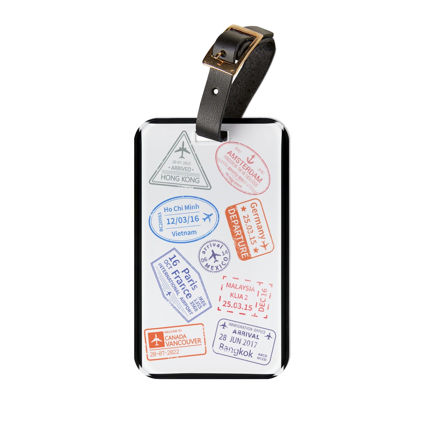 Stamped Passport Pages | Premium Acrylic and Leather Luggage Tag | by Far Out Prints & Co