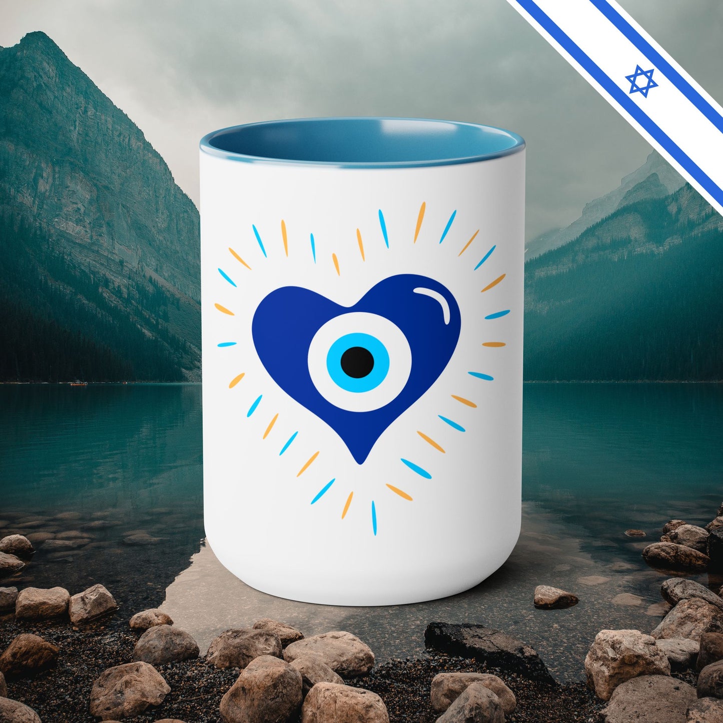 Evil Eye Heart Ain Ha'Ra - Two-Tone Coffee Mugs, 15oz - Cafe Lovers - Far Out Prints & Co.