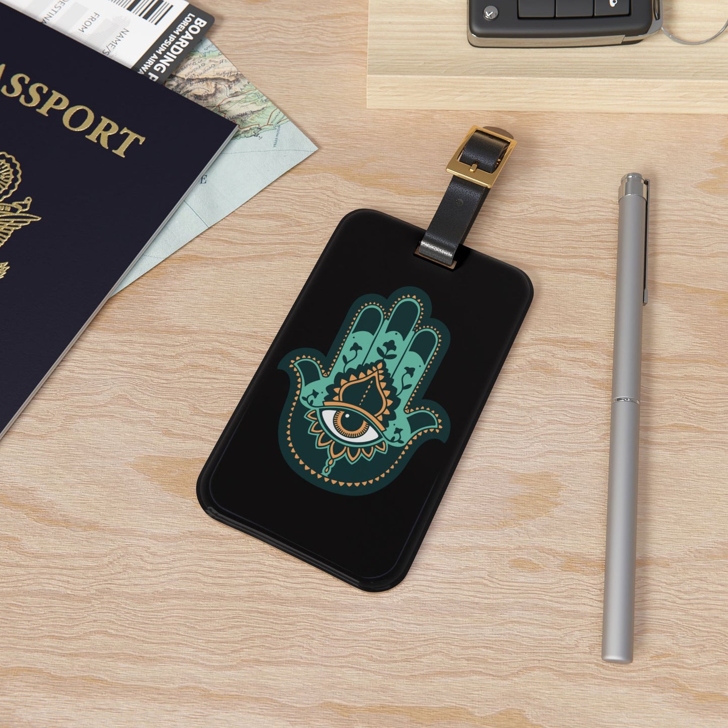 Hamsa Turqoise | Premium Acrylic and Leather Luggage Tag | by Far Out Prints & Co