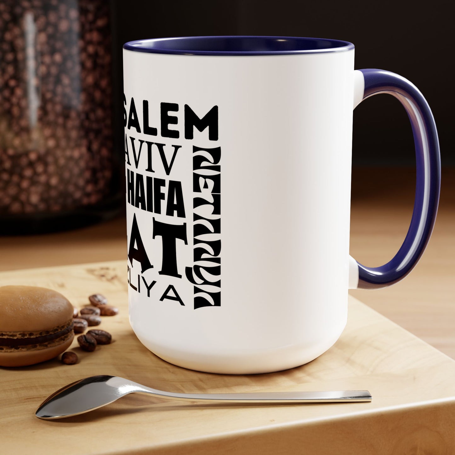 Cities of Israel Typeface Fun | Two-Tone Coffee Mugs, 15oz | Israel Israeli Jewish Judaica Jewish Judaism Support | by Far Out Prints & Co.