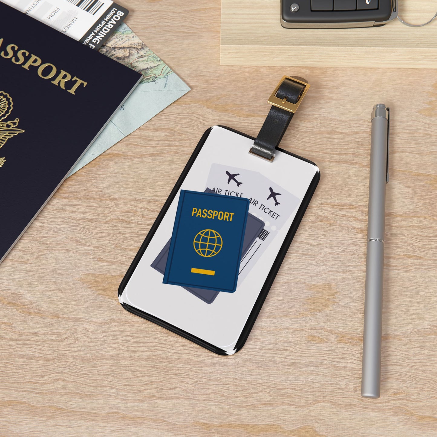 Passport and Flight Ticket | Premium Acrylic and Leather Luggage Tag | by Far Out Prints & Co