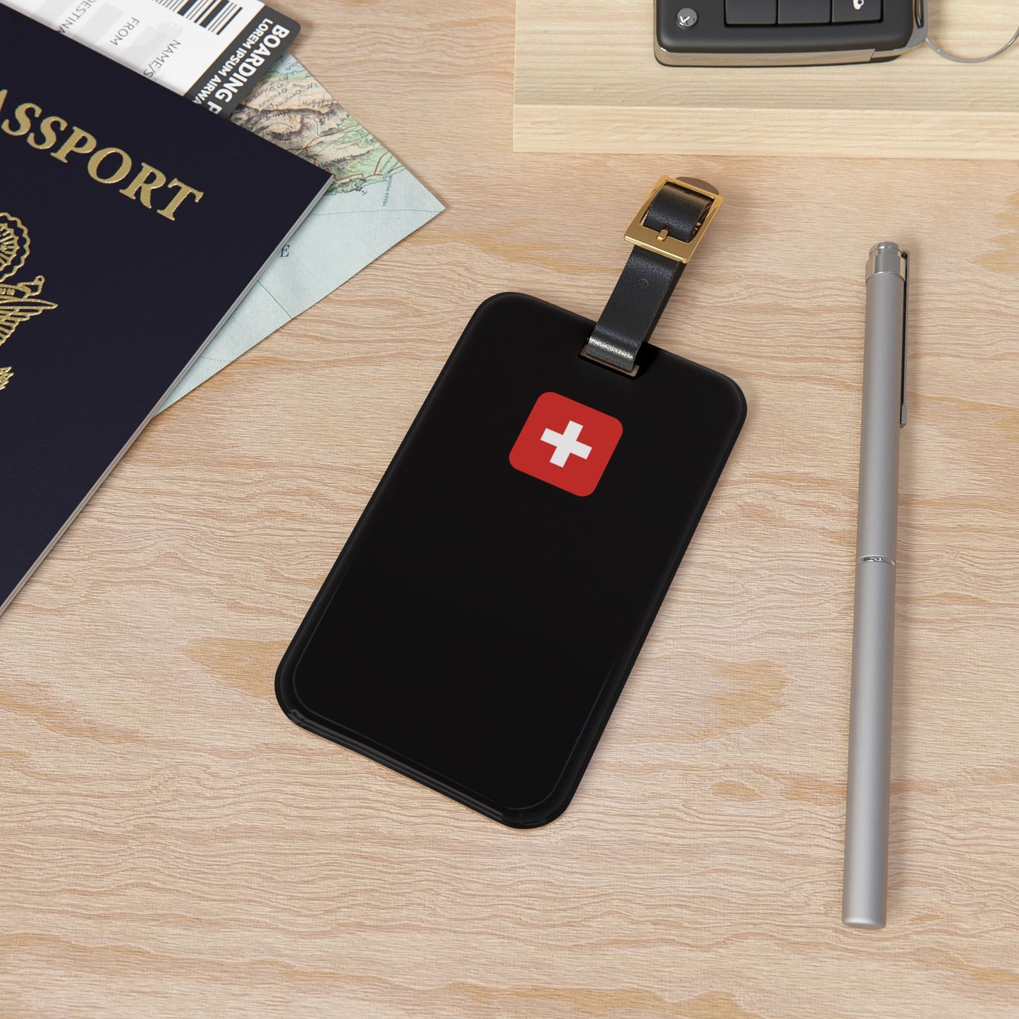 Swiss Flag | Premium Acrylic and Leather Luggage Tag | by Far Out Prints & Co
