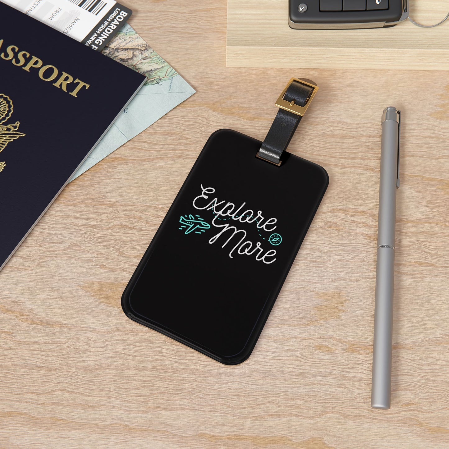 Explore More | Premium Acrylic and Leather Luggage Tag | by Far Out Prints & Co