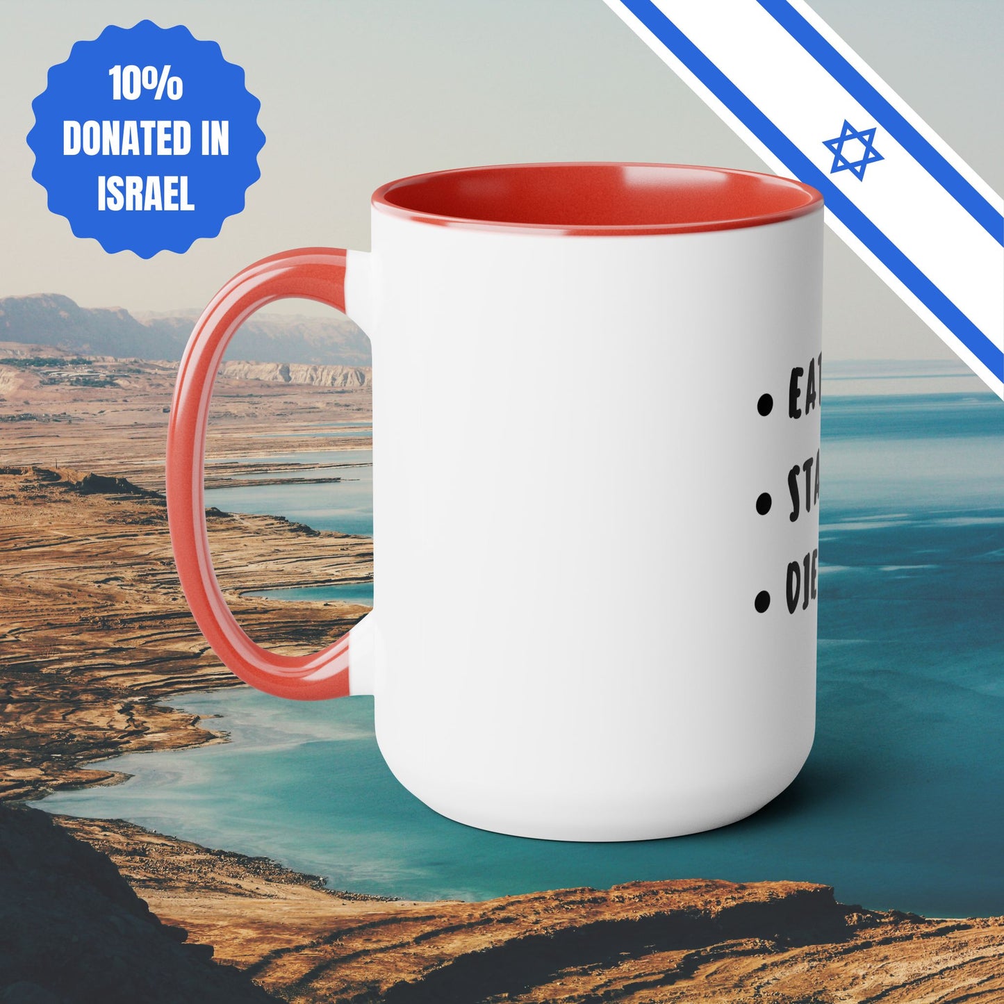Eat Healthy Stay Fit Die Anyway | Two-Tone Coffee Mugs, 15oz | Fun Themed Israel Israeli Hebrew Jewish Judaism Judaica Cafe Lovers Gift