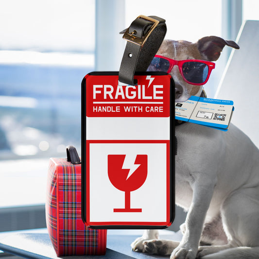 Fragile Handle With Care Red and White | Travel Tags Identification Information | Acrylic and Leather Luggage Tag | by Far Out Prints & Co