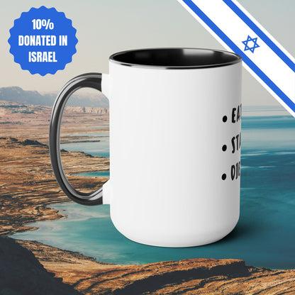 Eat Healthy Stay Fit Die Anyway | Two-Tone Coffee Mugs, 15oz  | Fun Themed Israel Israeli Hebrew Jewish Judaism Judaica Cafe Lovers Gift