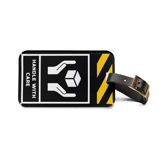 Warning Handle With Care | Premium Acrylic and Leather Luggage Tag | by Far Out Prints & Co