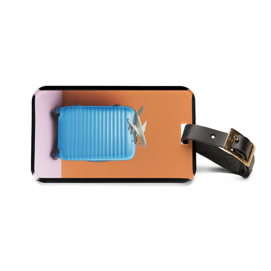 Blue Luggage and Orange Background | Premium Acrylic and Leather Luggage Tag | by Far Out Prints & Co
