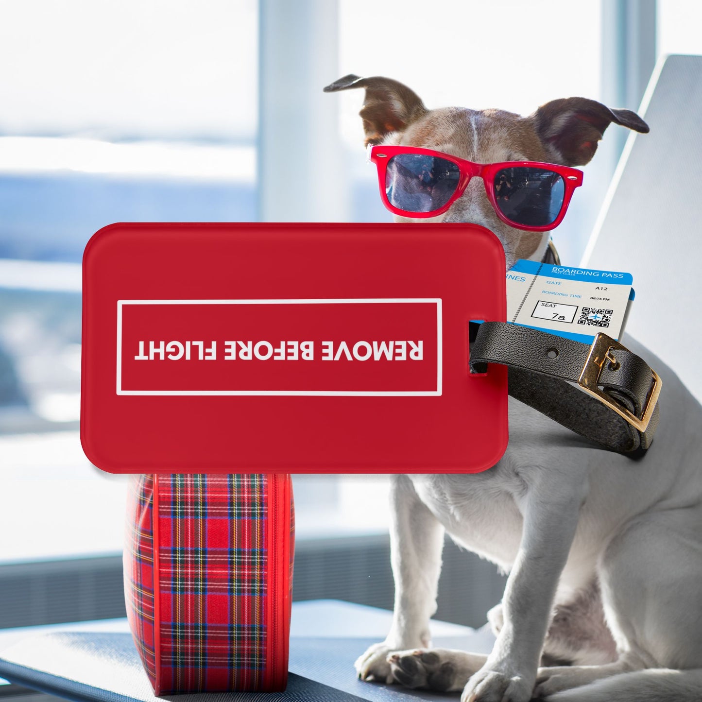 Remove Before Flight Red | Premium Acrylic and Leather Travel Luggage Tag | by Far Out Prints & Co
