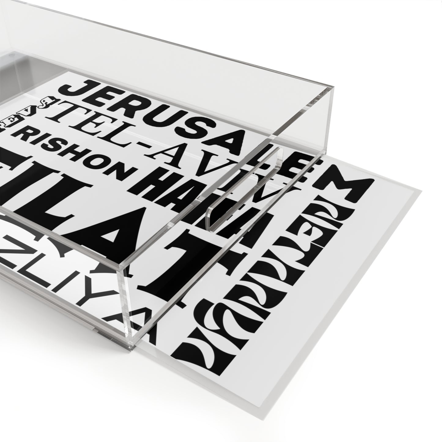 Cities of Israel Typeface Fun | Acrylic Serving Tray | Jewish Judaism Judaica Israel Israeli Artist Gifts | by Far Out Prints & Co.