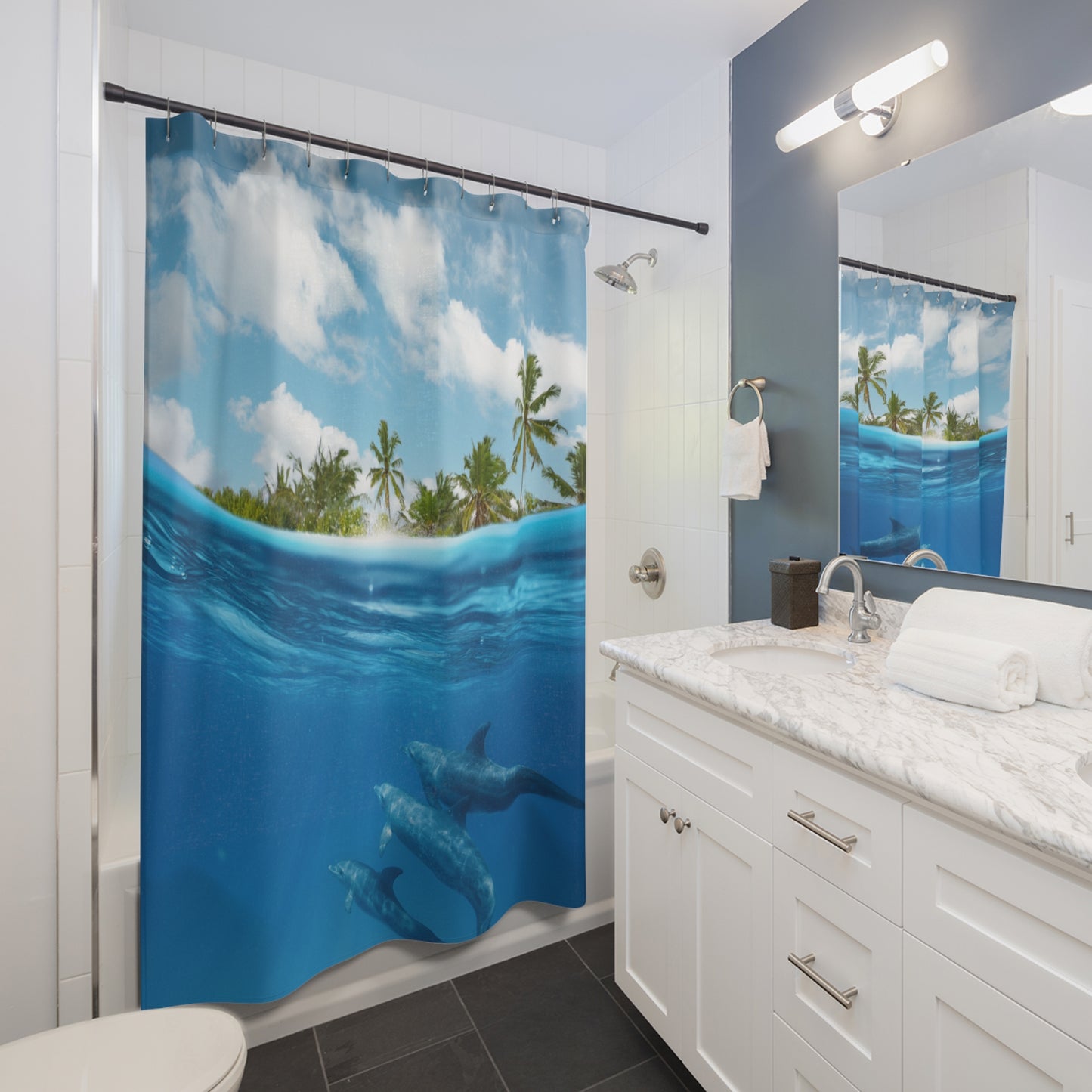 Shower Curtains, Dolphin Island Marine Life Design, Bathroom Decor Enhancement, Perfect Gift for Ocean Lovers