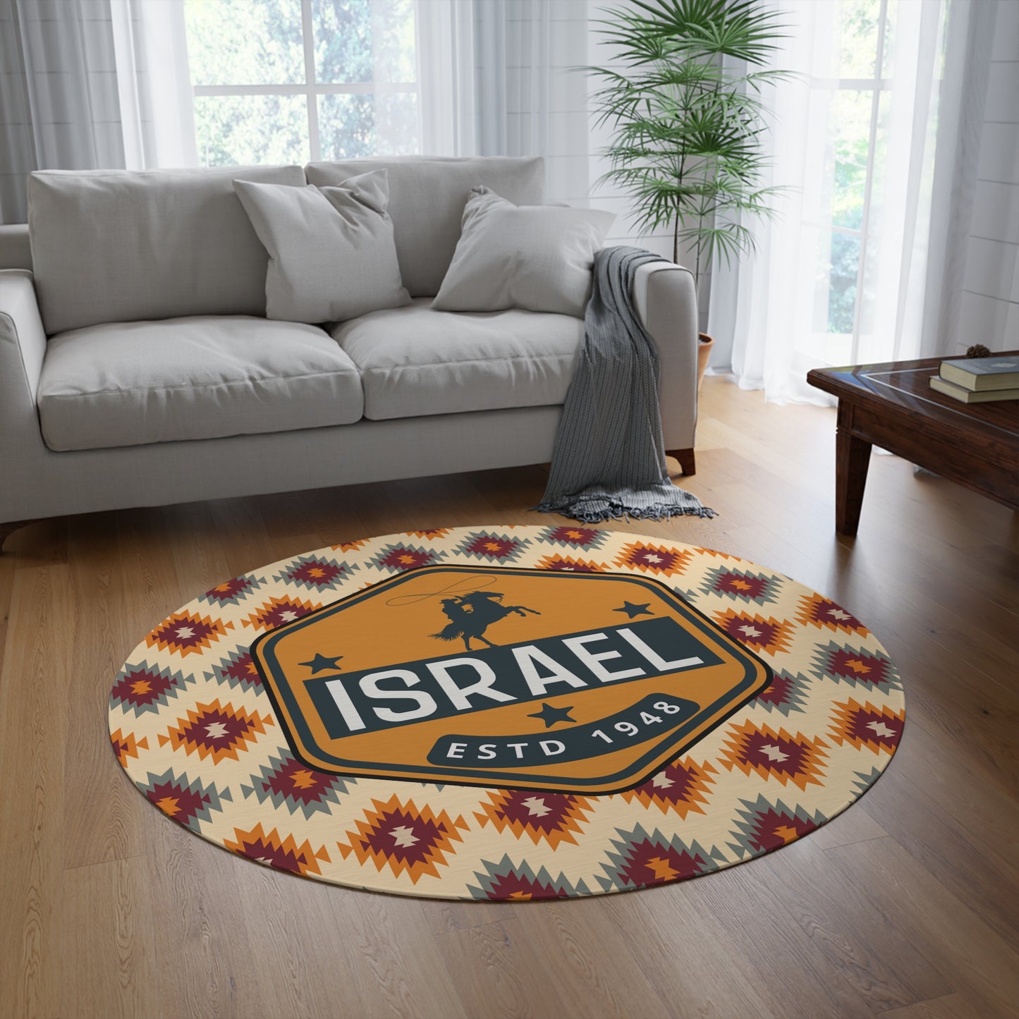 Israel Aztec Style Round Rug - Israeli Art Jewish Judaica Native - by Far Out Prints & Co.