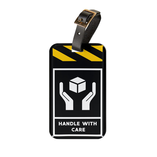 Warning Handle With Care | Premium Acrylic and Leather Luggage Tag | by Far Out Prints & Co