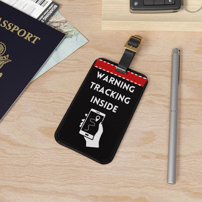 Warning Tracking Inside Safety Sign | Premium Acrylic and Leather Luggage Tag | Travel Lovers | by Far Out Prints & Co