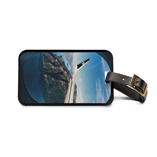 Wing View Plane Window Seat | Premium Acrylic and Leather Luggage Tag | by Far Out Prints & Co