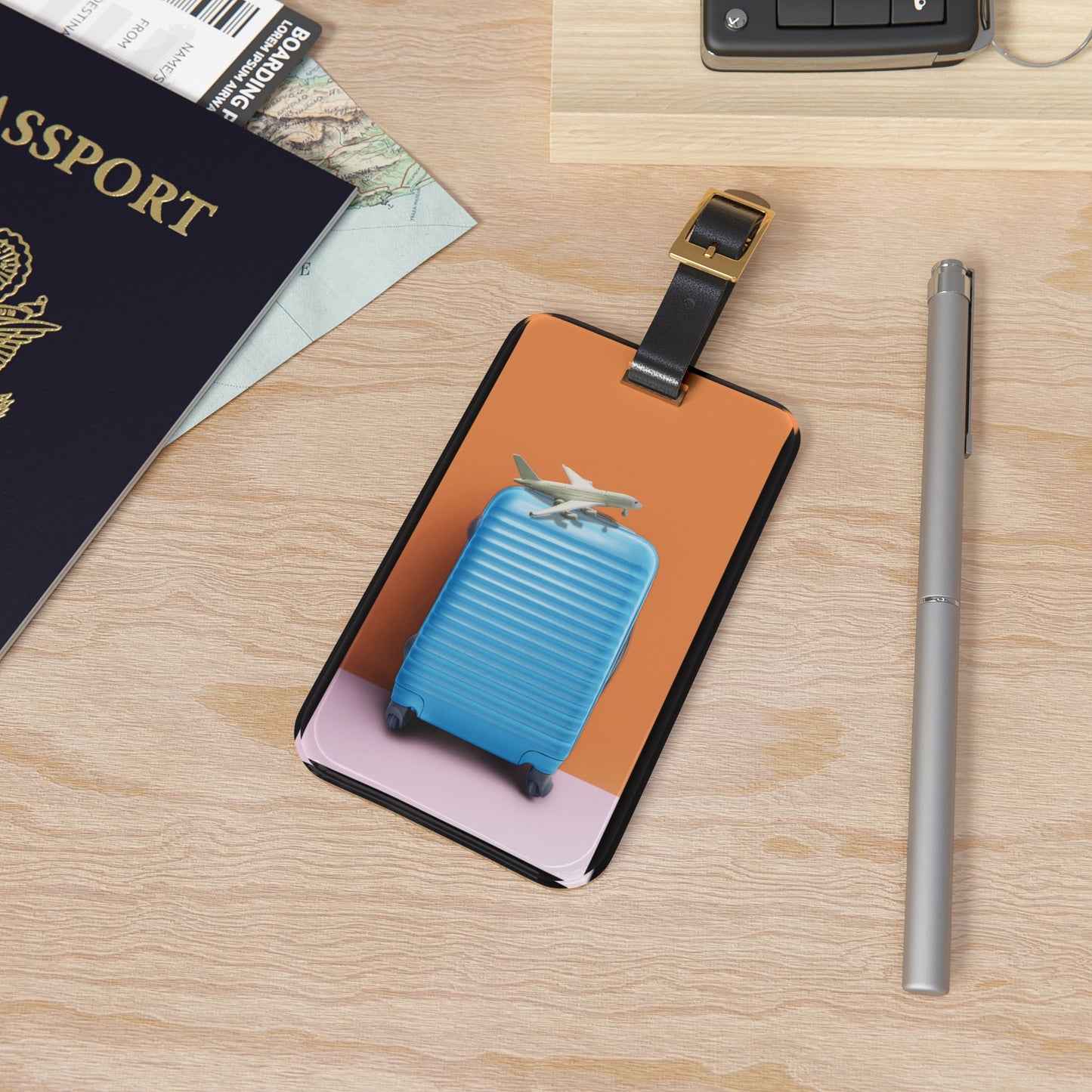 Blue Luggage and Orange Background | Premium Acrylic and Leather Luggage Tag | by Far Out Prints & Co