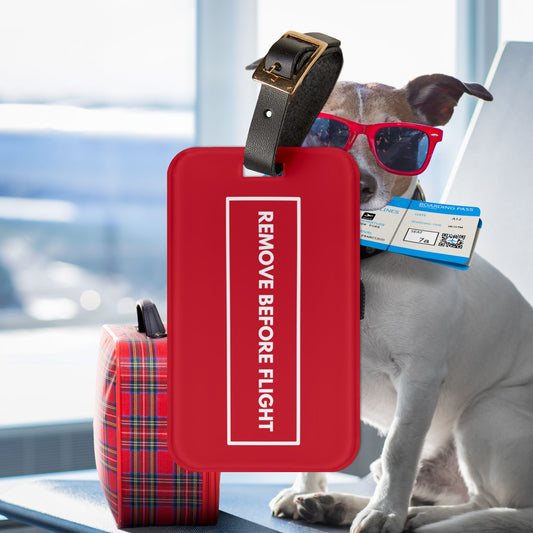 Remove Before Flight Red | Premium Acrylic and Leather Travel Luggage Tag | by Far Out Prints & Co