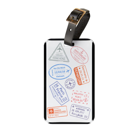 Stamped Passport Pages | Premium Acrylic and Leather Luggage Tag | by Far Out Prints & Co