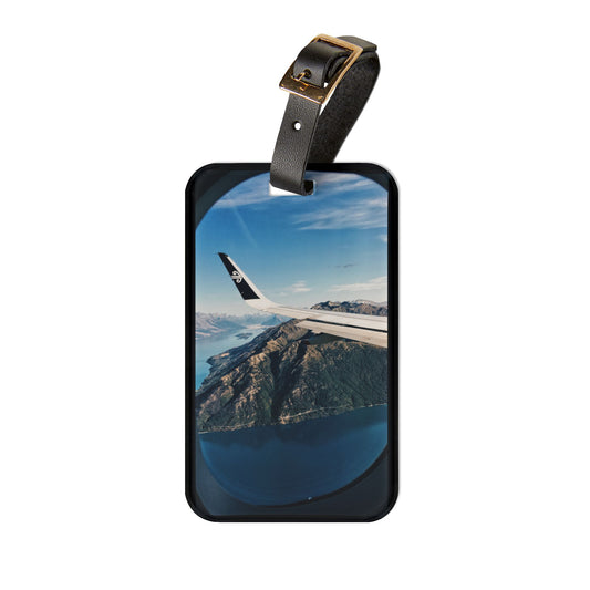 Wing View Plane Window Seat | Premium Acrylic and Leather Luggage Tag | by Far Out Prints & Co