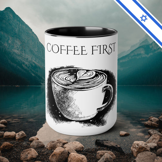 Coffee First - Two-Tone Coffee Mugs, 15oz - Cafe Lovers - Far Out Prints & Co.