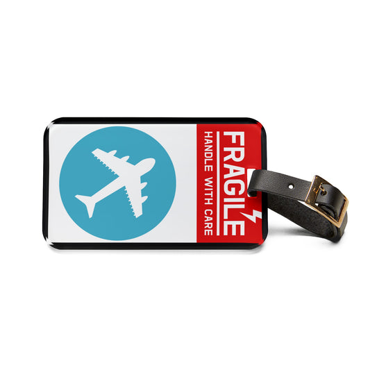 Fragile Handle With Care Aero Blue | Premium Acrylic and Leather Luggage Tag | by Far Out Prints & Co