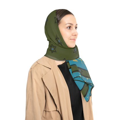 Olive Green and Turquoise Israel Star of David Poly Scarf, Shawl, Jewish Judaica Israeli Gift Present for Him Her by Far Out Prints & Co.