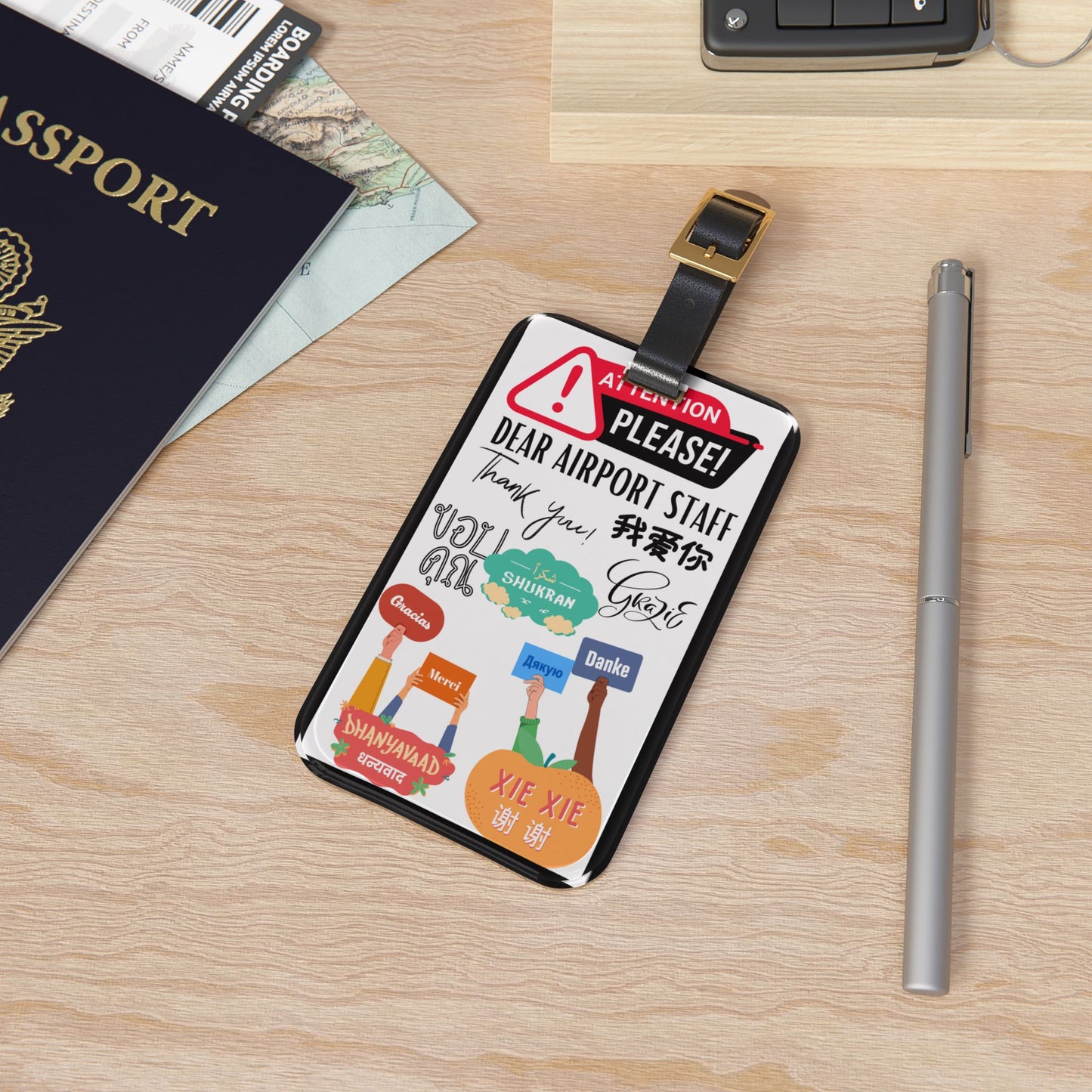 Dear Airport Staff Thank You Multilingual | Premium Acrylic and Leather Luggage Tag | by Far Out Prints & Co