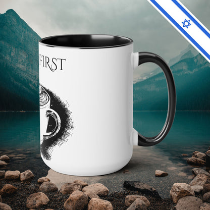 Coffee First - Two-Tone Coffee Mugs, 15oz - Cafe Lovers - Far Out Prints & Co.