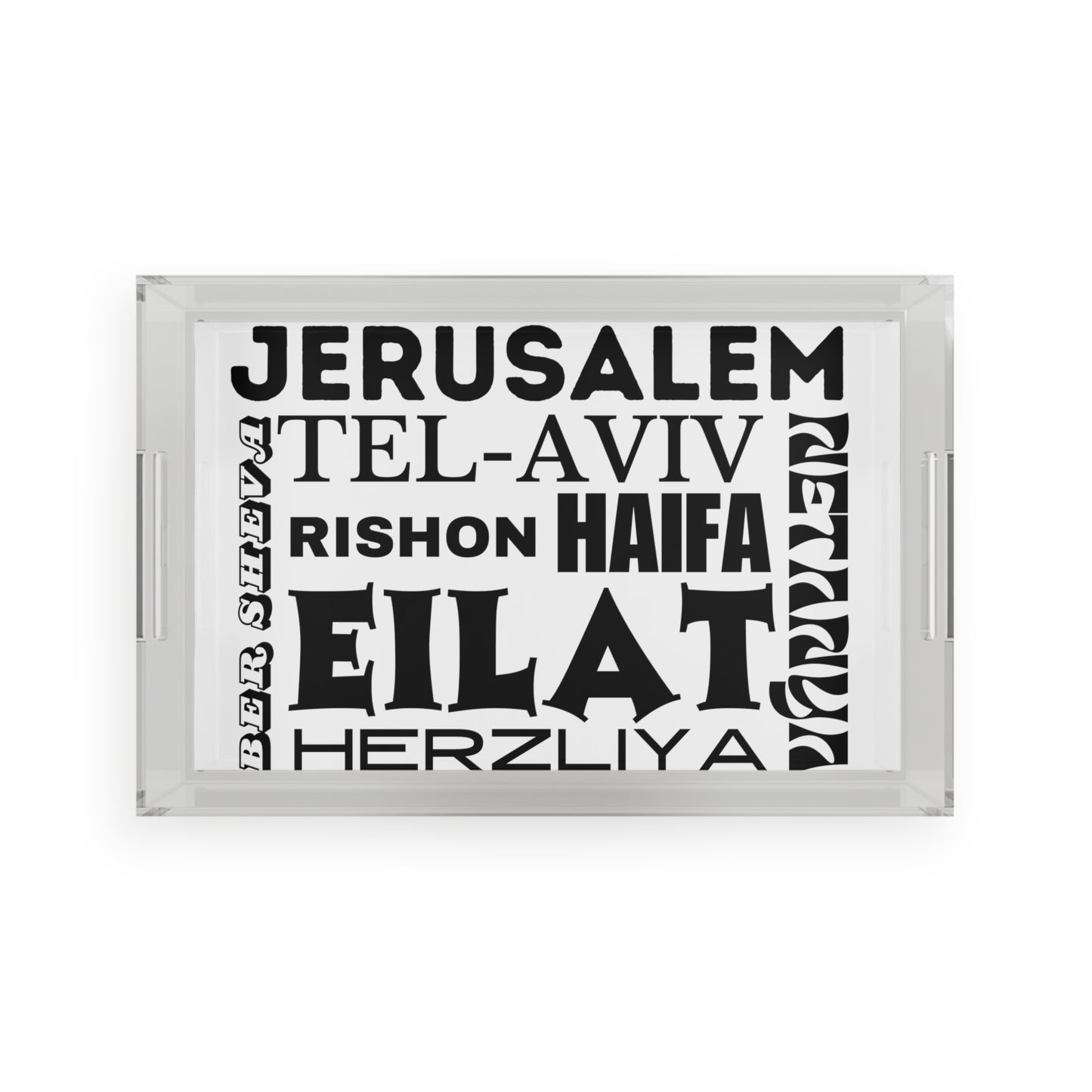 Cities of Israel Typeface Fun | Acrylic Serving Tray | Jewish Judaism Judaica Israel Israeli Artist Gifts | by Far Out Prints & Co.