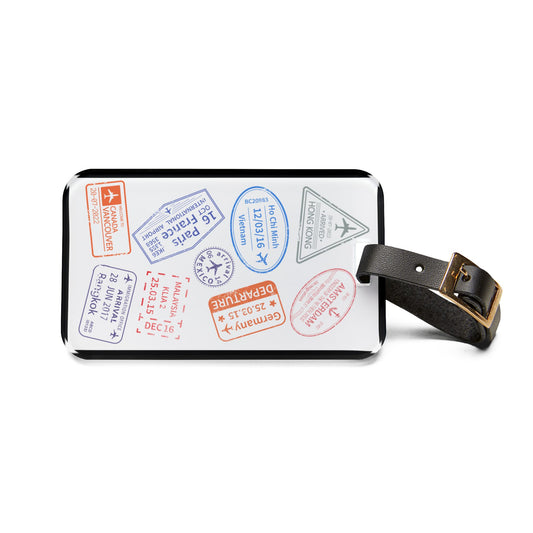 Stamped Passport Pages | Premium Acrylic and Leather Luggage Tag | by Far Out Prints & Co