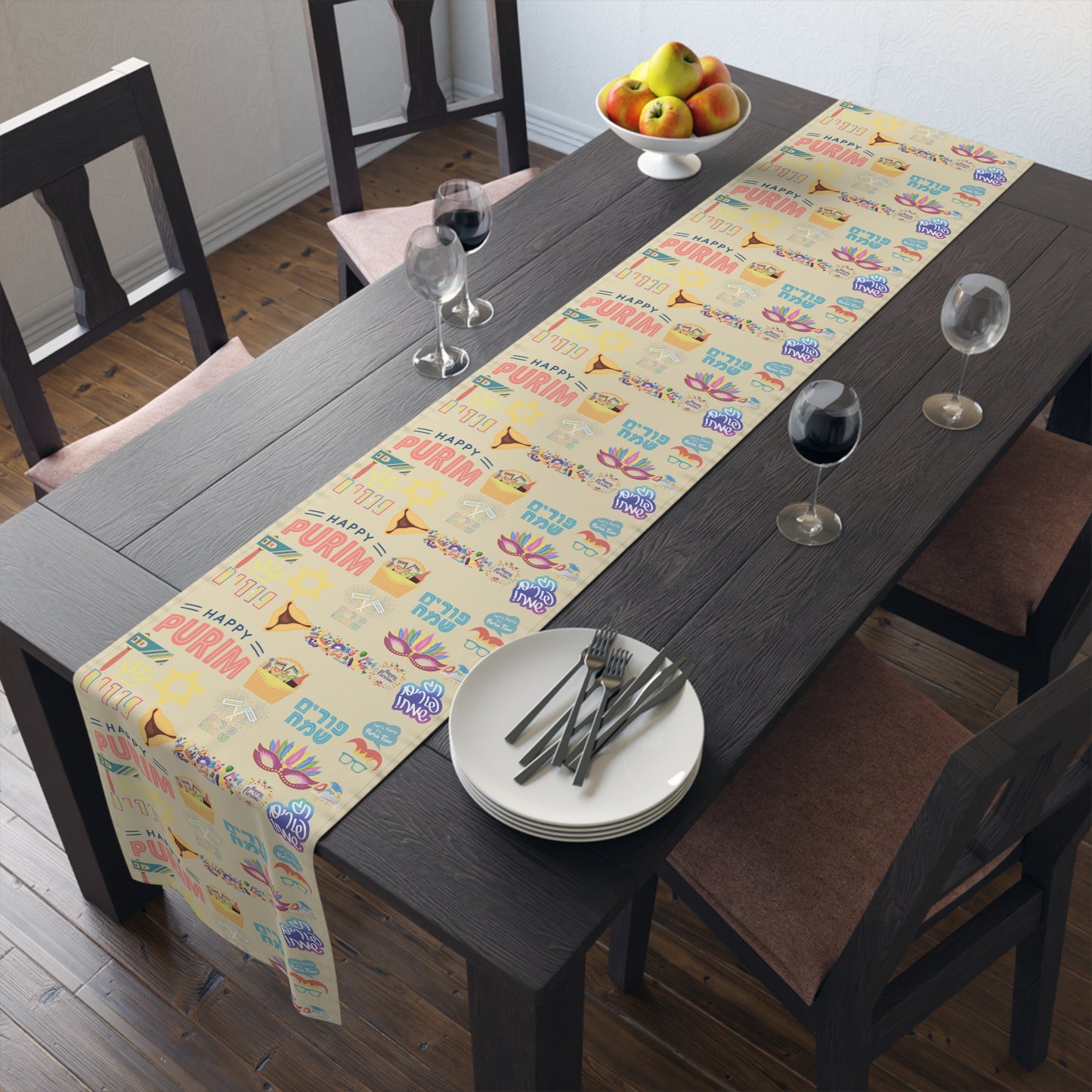 Happy Purim Pattern | Israel Israeli Judaism Judaica Jewish Holiday Themed | Table Runner | by Far Out Prints & Co.