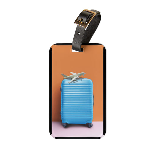 Blue Luggage and Orange Background | Premium Acrylic and Leather Luggage Tag | by Far Out Prints & Co