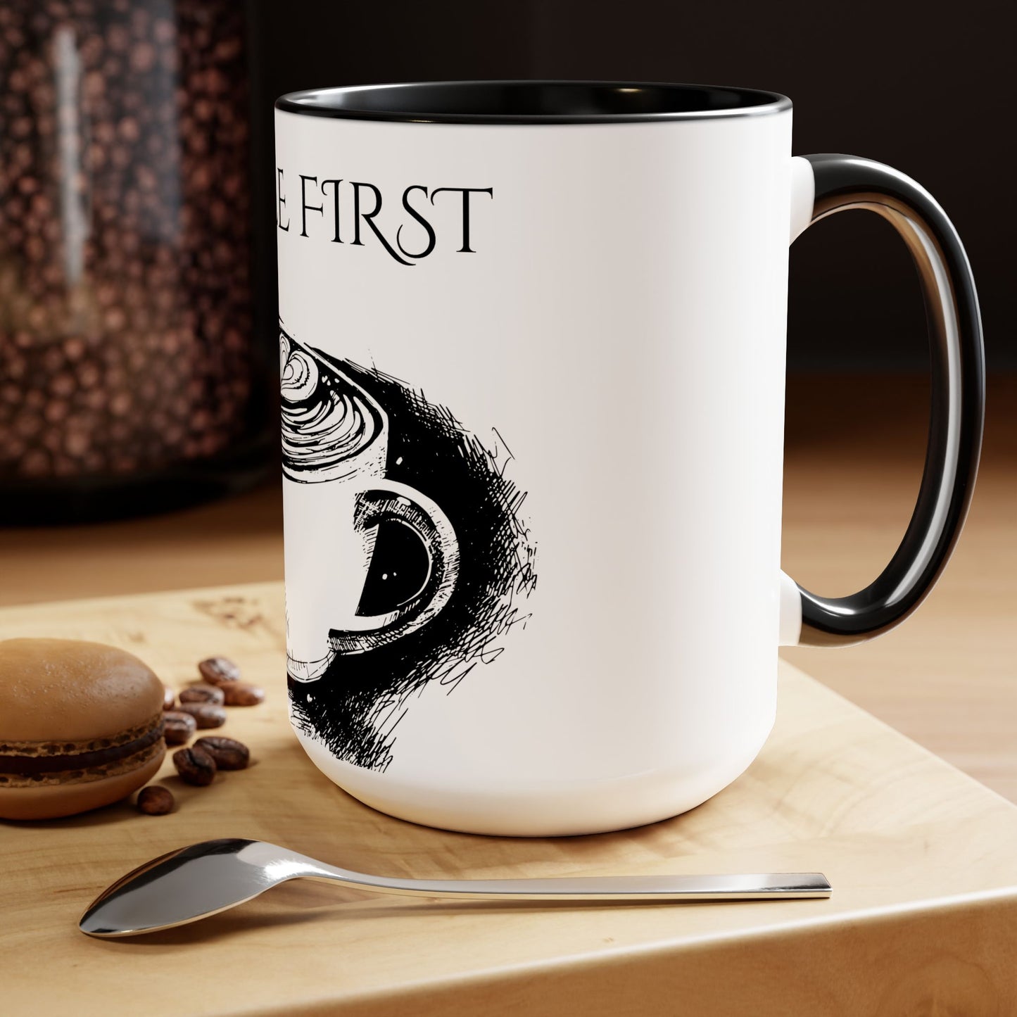 Coffee First - Two-Tone Coffee Mugs, 15oz - Cafe Lovers - Far Out Prints & Co.