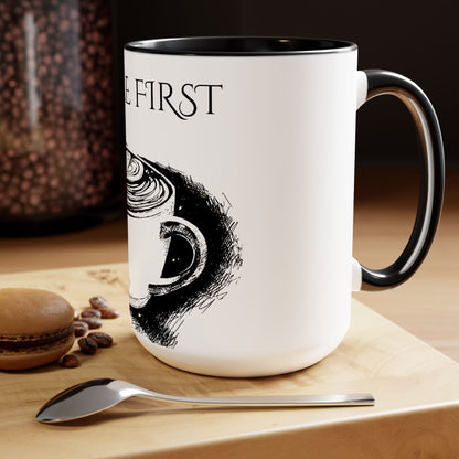 Coffee First - Two-Tone Coffee Mugs, 15oz - Cafe Lovers - Far Out Prints & Co.